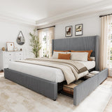 Garvee Bed Frame Queen Size with 4 Storage Drawer, Bed Frame with Headboard and Corduroy Vertical Channel Tufted Wingback, Sturdy Wooden Slats Support, Noise Free, Grey - Grey