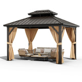 Garvee 10x12 ft Hardtop Gazebo, Outdoor Heavy Duty Galvanized Aluminum Frame, Double Roof Pavilion, Brown - Brown
