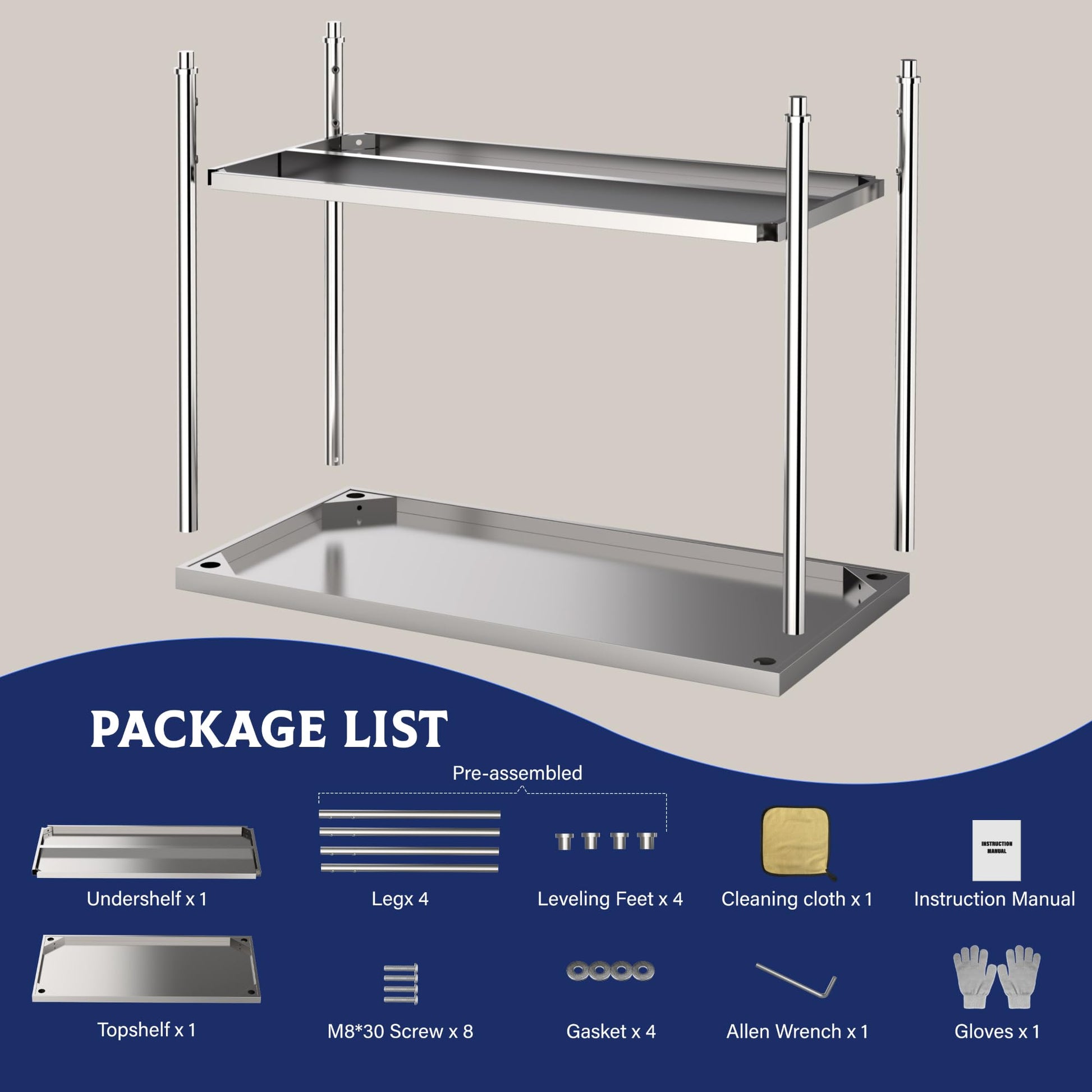 Garvee 48"L x 24"W x 35"H Stainless Steel Work Table with 2-Tier Storage Adjustable Undershelf Galvanized Feet for Kitchen Restaurants Home