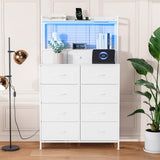 Garvee Rustic Dresser with Charging Station, App-Controlled RGB LED, 11 Fabric Drawers, Anti-Tipping, White for Bedroom, Living Room, Closet - White
