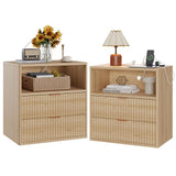 Garvee Fluted Farmhouse Night Stand Set of 2 with Charging Station, 23" Mid-Century Modern Nightstand, 2 Drawers End Table, Wood Side Table Set for Bedroom Sofa Home Office, Light Oak Finish