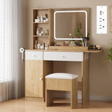 Garvee Vanity Desk with Mirror and Lights, Power Outlets, Makeup Table with Drawers & Cabinet, Bedroom, Nature Wood - Wood Color