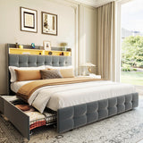 Garvee Queen Bed Frame with Headboard, 2 Storage Drawers, LED Light, Charging Socket, Grey, Modern Upholstered Bed - Grey