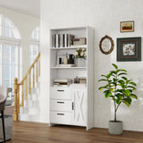 Garvee Bookshelf With Door And 3 Drawers, 71" Tall Wooden Bookcase For Living Room, Bedroom, Entrance Hallway, White, 29.53"L x 11.81"W x 71"H - White