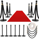 Garvee 6Pcs Stainless Steel Stanchion Posts with 5ft Red Velvet Ropes - Crowd Control Barriers for Weddings, Parties, Theater - 26ft Red Carpet Included - Black