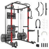 Garvee Power Cage Multi-Function Squat Rack with Dual Independent Pulley System for Home Gym, Adjustable Cable Crossover, Black - Black + Red