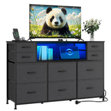 Garvee 10 Fabric Drawers Dresser TV Stand with Power Outlet & LED Light for 45-55" TV, Grey, Multifunctional Entertainment Center - Grey