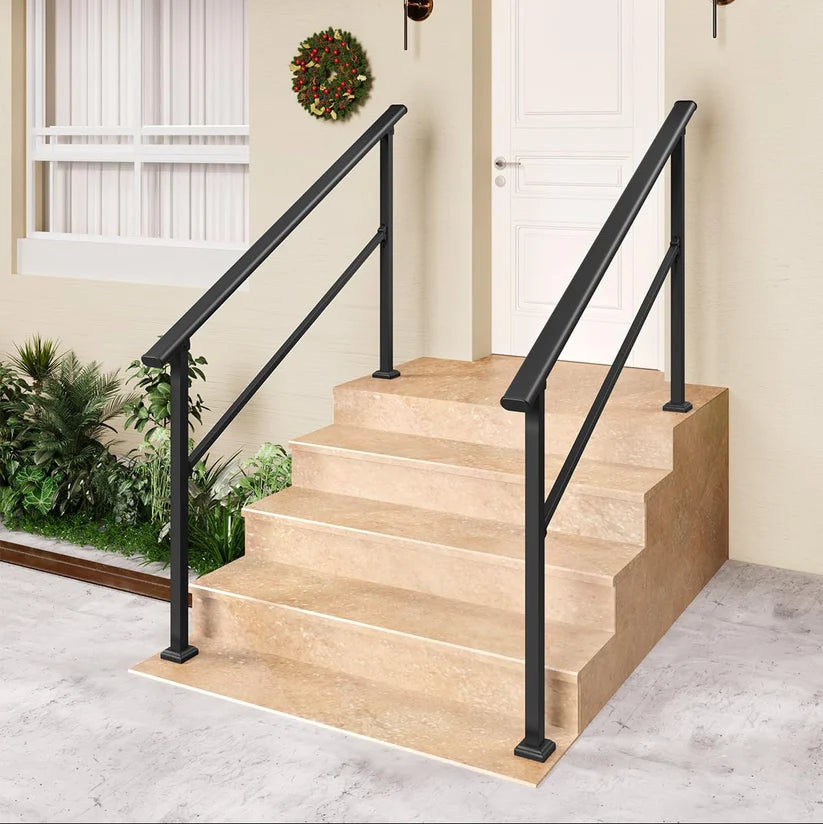 Garvee Heavy-Duty Outdoor Stair Handrail Kit - Aluminum & Wrought Iron Stair Railing, Weather-Resistant Non-Slip Grab Rail, Easy DIY Install for Concrete or Wood Porch/Deck/Garden Steps - 4 Steps | 2-Pack | Glossy black