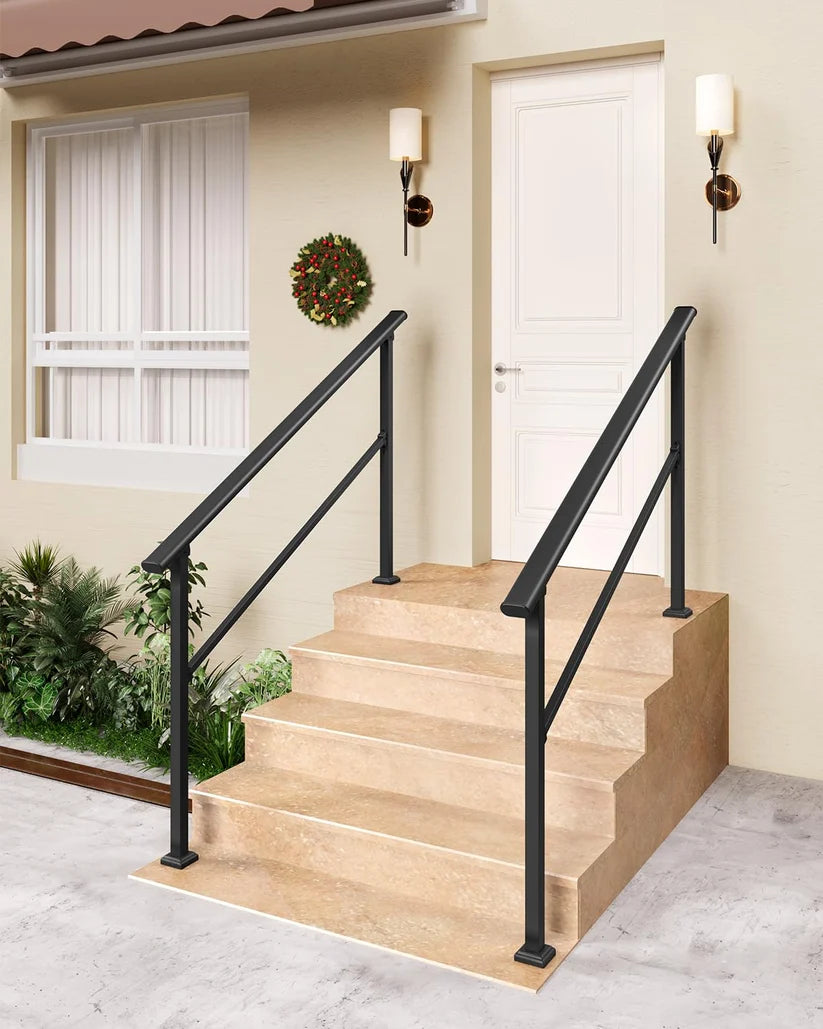 Garvee Adjustable Outdoor Stair Handrail Kit - Sturdy Aluminum Stair Railing, Weatherproof Non-Slip Hand Rail, Includes Install Hardware for Concrete/Wood/Porch Stairs - 3 Steps | 2-Pack | Glossy black