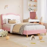 Garvee Upholstered Twin Bed Frame for Kids with Scallop Headboard, Pink White, Sturdy Platform Bed, Noise Free, Wooden Slats