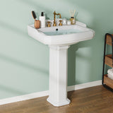 Garvee Vintage Bathroom Pedestal Sink Retro White Ceramic Freestanding 19in L x 23in W Overflow Hole 3 Pre-Drilled Holes for 8in Faucets