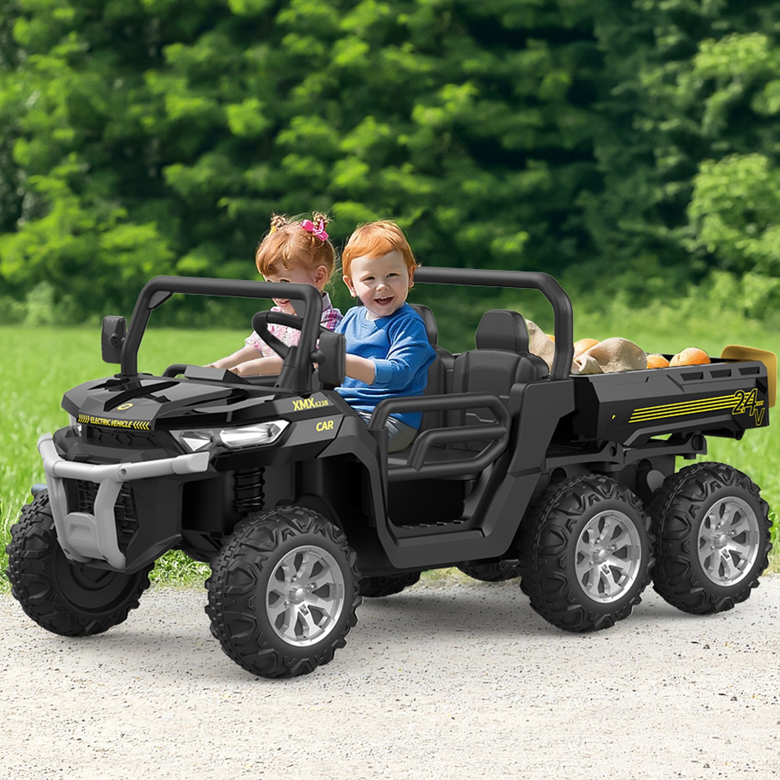 Garvee 24V Electric Dump Truck for Kids, 2 Seater Ride On Car with Parent Remote Control, 4WD 6-Wheel, UTV Style Dump Bed, Bluetooth Music, Black