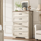 Garvee 5 Drawers Dresser Beige, Wooden Tall Chest with Wide Metal Handles for Bedroom, Living Room, Kids Room, 31.5x15.7x43.9 in, Natural Texture - Beige