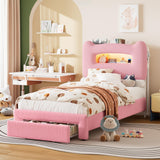 Garvee Pink Twin Bed Frame with Storage Headboard & LED Lights, Upholstered Platform Bed for Kids/Girls, Velvet, Flexible Drawers - Pink