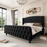 Garvee Velvet Queen Size Platform Bed Frame With Wingback Headboard, Strong Wooden Slat Support, Noise-Free Design, Black, 51" Tall - Black
