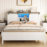 Garvee Farmhouse Queen Bed Frame with Storage, Sliding Barn Door, Built-In USB Charging, LED Lighting, Noise-Free, Easy Assembly, Rustic Wood Grain