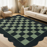 Garvee 8' x 10' Large Scalloped Checkerboard Area Rug, Washable Non-Slip Low-Pile Geometric Rug for Living Room & Bedroom, Black & Green