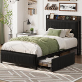 Garvee Twin Size Bed Frame with USB Charging Station, Storage Drawers & Velvet Upholstered Headboard, Rustic Platform Bed, Black, Noise-Free Design - Black