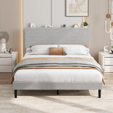 Garvee Queen Size Bed Frame with USB Charging Station, Corduroy Upholstered Platform Bed, Adjustable Storage Headboard, Gray - Gray