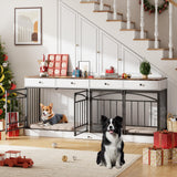 Garvee Dog Crate Furniture for 2 Dogs with 4 Storage Drawers and Feeding Bowls, Indoor Double Dog Crate TV Stand, Small Medium Dogs, White - White