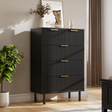 Garvee Black Wave Fluted 5 Drawer Dresser for Bedroom, Modern Wood Chest with Metal Legs, Anti-Tipping Device, Wide Drawers, Black