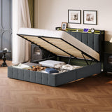 Garvee Full Bed Frame with Lift Up Storage, Upholstered Velvet Bed, LED Lights, Power Outlets, Hydraulic Support, Grey - Grey & Lights