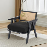 Garvee Mid-Century Farmhouse Accent Chair Wood Armchair with Rattan Backrest Linen Cushion for Living Room Bedroom Black Easy Assembly
