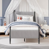 Garvee Twin Size Corduroy Upholstered Bed Frame With Vertical Stripes Headboard, Vintage Metal Legs, Grey, No Box Spring Needed - Twin Grey