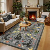 Garvee 9' x 12' Gothic Cat Floral Area Rug, Gray Mystic Cats with Botanical, Butterfly & Moon Design, Washable Non-Slip Soft Low-Pile Rug for Large Living Room & Bedroom