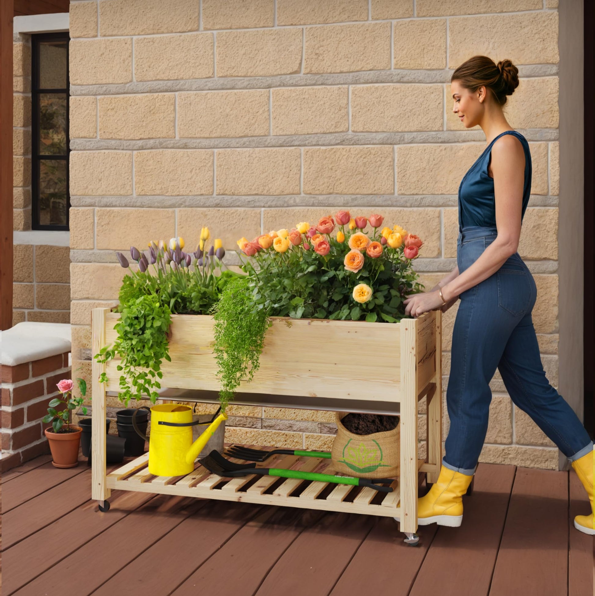 Garvee 48x24x30-Inch Mobile Elevated Garden Bed with Lockable Wheels & Storage Shelf, Tall Wood Planter Box, Acorn Brown