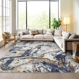 Garvee Modern Abstract Area Rug 10x13 Large Machine Washable Rug, Non Slip Faux Wool Soft Floor Carpet, Low Pile Foldable Accent Rug for High Traffic Areas in Living Room, Bedroom, Blue
