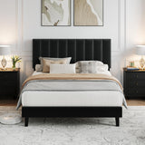Garvee Full Size Velvet Upholstered Bed Frame With Adjustable Vertical Channel Tufted Headboard For Bedroom, Black, Platform Bed, No Box Spring Needed - Black