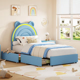 Garvee Twin Size Bed Frame with 4 Storage Drawers & RGB LED Lights, Velvet Upholstered Platform Bed for Kids/Boys, Blue, Solid Wood Support - Blue