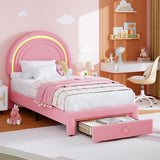 Garvee Twin Upholstered LED Bed Frame With Storage Drawer Rainbow Headboard Pink Kids Bedroom 39x75in - Pink