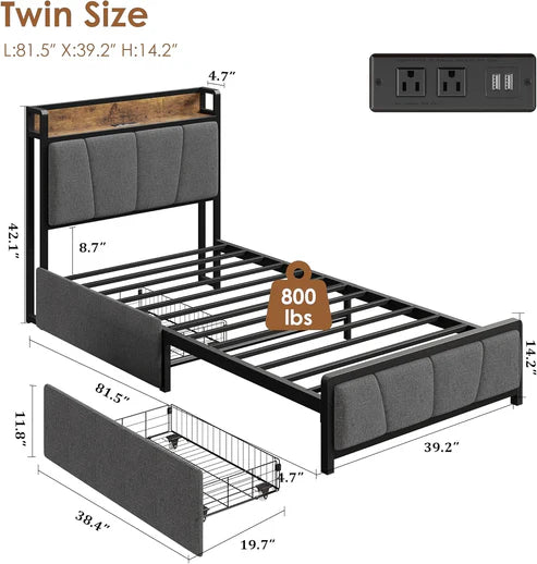 Garvee Twin Size Bed Frame with 2 Storage Drawers and Charging Station, Rustic Linen Upholstered Platform Bedframe with Storage Headboard, Heavy Duty, Easy to Assemble for Kids, Grey