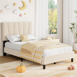 Garvee Twin Size Bed Frame with Adjustable Headboard, Linen Upholstered, Strong Wooden Slats, Mattress Foundation, Easy Assembly - Beige