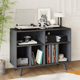 Garvee Large Record Player Stand With Charging Station, Wood Vinyl Storage Cabinet For Living Room Bedroom, Black, Compact Organizer Up To 350 Albums - Black
