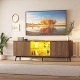 Garvee TV Stands for Living Room 63'' Mid Century Modern Entertainment Center with Storage and LED Lights Walnut - Wave Doors-Walnut