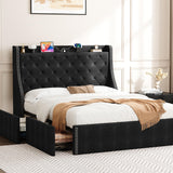 Garvee Full Size Upholstered Platform Bed Frame with 4 Storage Drawers and Charging Station, Adjustable Wingback Headboard, Diamond Tufted, No Box Spring Needed, Gray