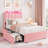 Garvee LED Twin XL Bed Frame with Storage Headboard, 2 Drawers, Boucle Upholstered Platform Bed for Girls, Pink, Chic Wavy Headboard, No Box Spring Needed