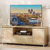 Garvee Rattan TV Stand for 65 Inch TV with Storage Drawer and Open Shelf, Boho Media Console for Living Room and Bedroom, Natural Oak, 63" L x 15.7" W x 26" H