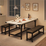 Garvee 63 In Extendable Dining Table Set With Upholstered Benches For Kitchen And Living Room, Marble White, Seats 4-6 - Marble White