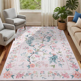 Garvee 4x6 Pink Washable Area Rug Floral Peacock Design for Bedroom Girls, Living Room, Kids Room, Office, Dining Room, Non Slip, Low Pile, Stain Resistant
