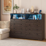 Garvee 8-Drawer Dresser with Power Outlets and LED Lights, Modern Rustic Wooden Storage Chest, 55 Inch Wide TV Stand, Bedroom Living Room Entryway, Deep Drawers, Wood Grain Finish