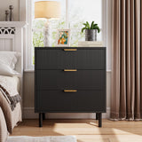 Garvee Black Fluted 3 Drawers Dresser Wide Wood Chest of Drawers Modern Storage Organizer with Metal Legs Anti-Tipping Device for Bedroom Living Room - Mottled Black