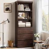 Garvee 70 Inches Bookcase With Drawers Wooden Tall Bookshelf Farmhouse Storage Cabinet Organizer For Living Room Study Kitchen Home Office White - Brown-Red