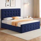 Garvee Queen Size Bed Frame with 4 Storage Drawers and Headboard, Velvet Upholstered Platform Bed Frame with Wooden Slats Support, Button Tufted Design, No Box Spring Needed, Blue - Blue flannel (800-43)