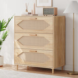 Garvee 3 Drawer Rattan Dresser for Bedroom, Living Room, Hallway, Rustic Oak, Spacious Storage, Easy Assembly