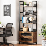 Garvee Industrial Bookshelf 180cm High With 4 Open Shelves & Drawers Rustic Wood Living Room Bedroom Office