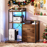 Garvee File Cabinet Furniture With 2 Drawers Rolling Printer Stand With Power Strip & LED Lights For Home Office 49.2" Rustic Brown - Rustic Brown